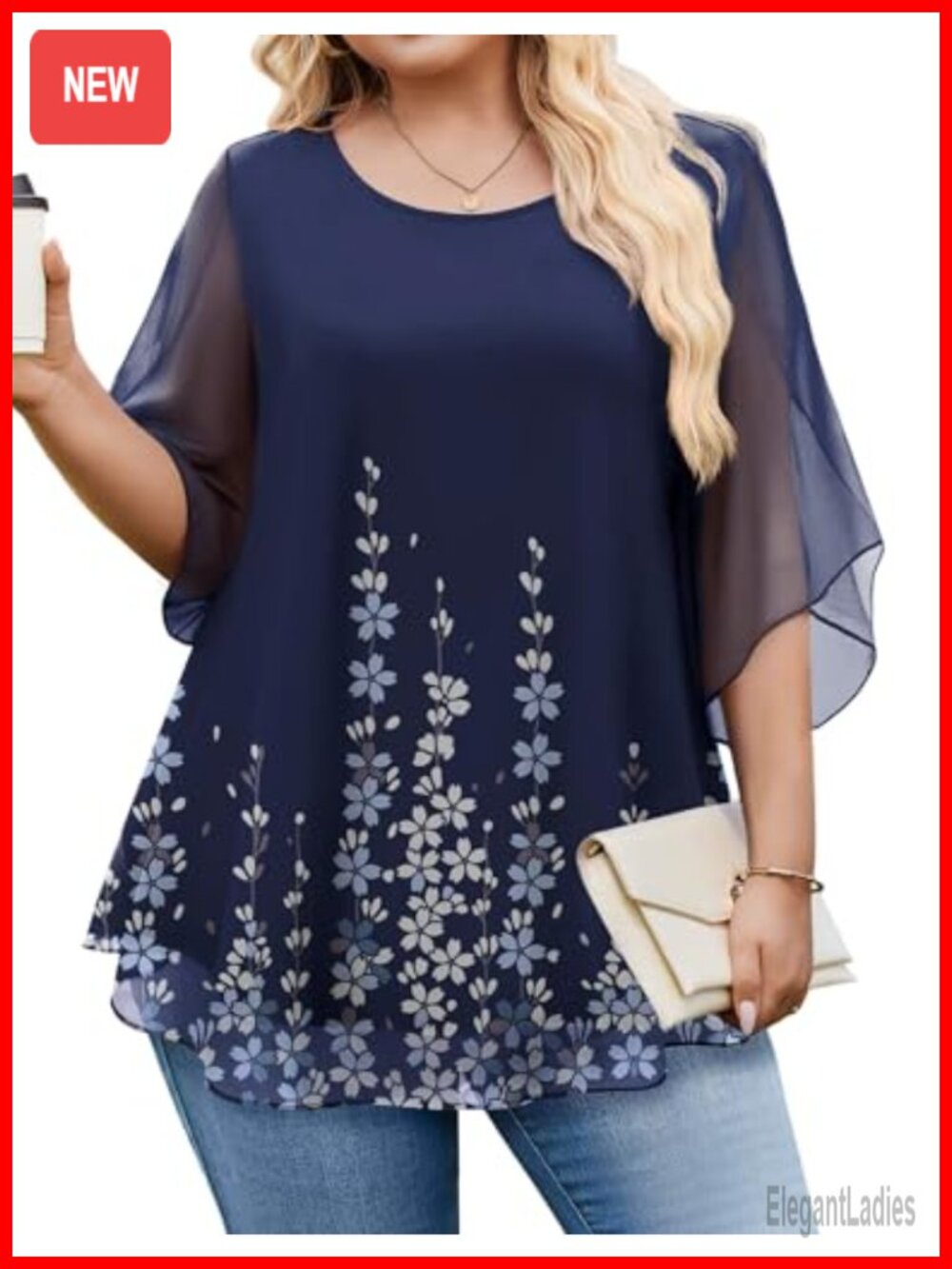 Plus Size 3/4 Sleeve Mesh Blouse Loose Fit Work Top